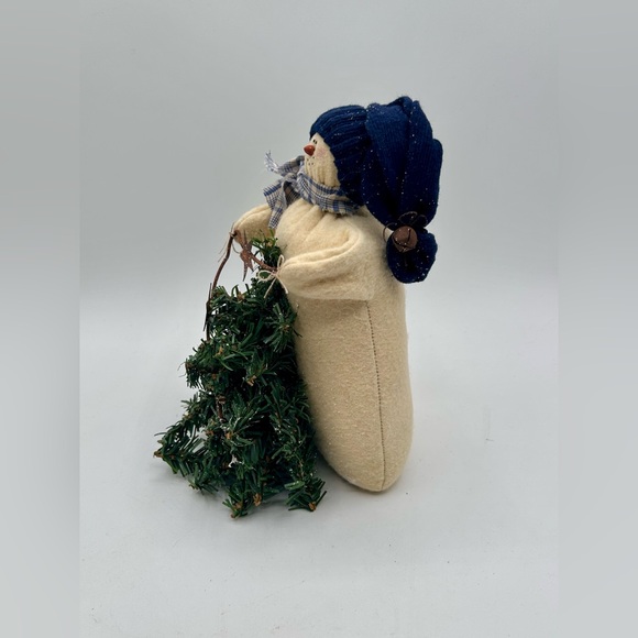 Winter Snowman Weighted Plush Christmas Holiday Folk Art Ivory Navy Blue 8” - Picture 2 of 7